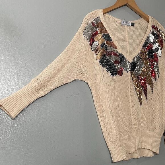 Vintage POL Lightweight Size L Beige Embellished Sequin Sweater Glam Grunge Goth - Picture 2 of 9
